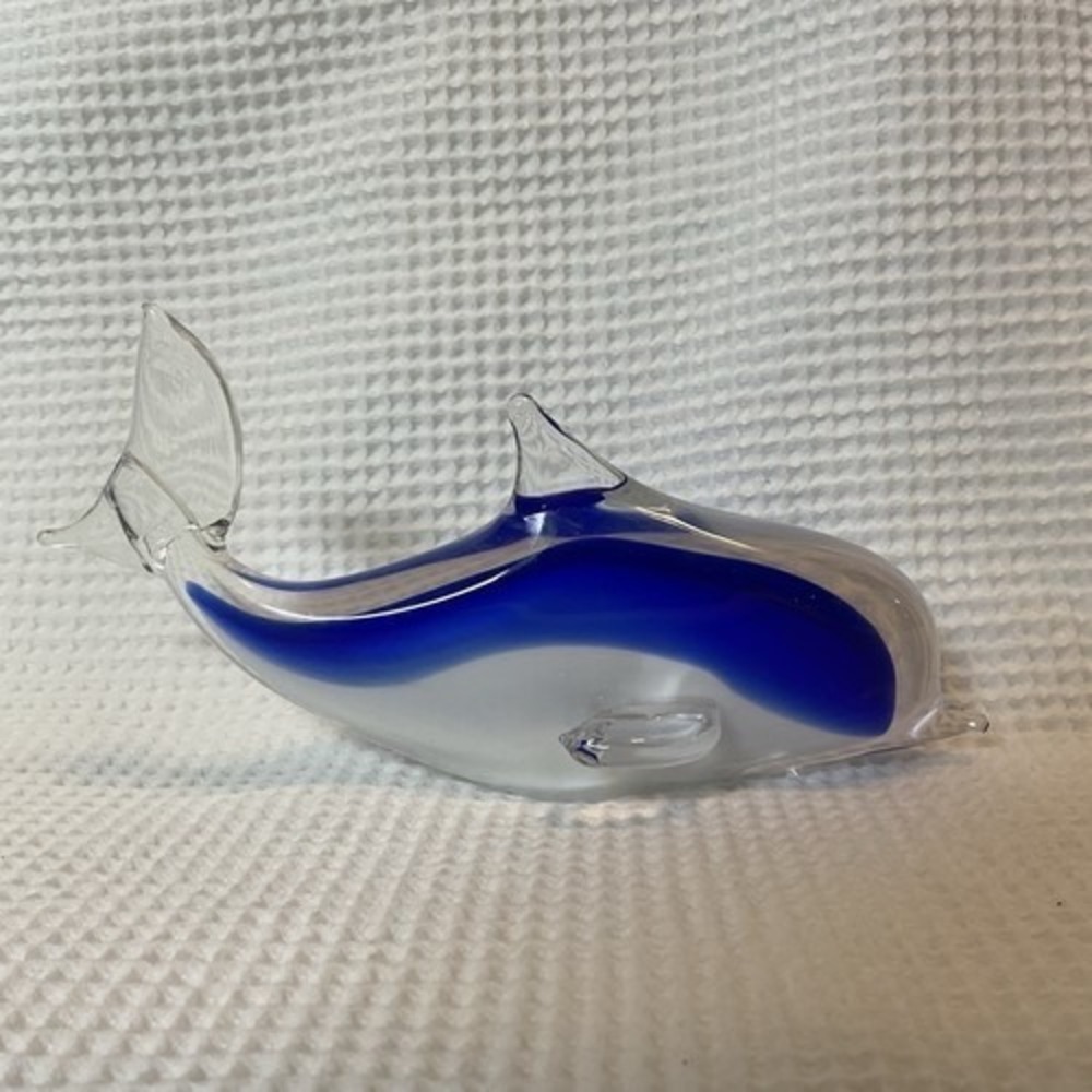 VTG Art Glass Dolphin Paperweight Figurine Cobalt Blue/White/Clear 6,5" Bubble
